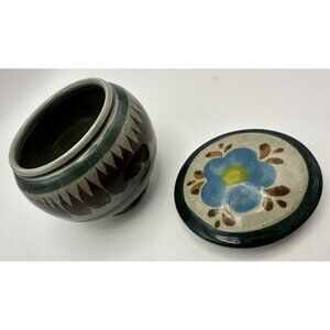Vintage Mexican Tonala Pottery Round Lidded Trinket Dish Floral Hand Painted